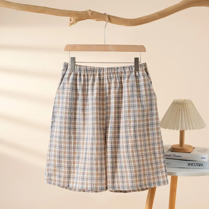 2026 Japanese New Summer Couple Shorts 100% Cotton Gauze Men's And Women's Checkered Home Pants With Side Pockets Beach Pants
