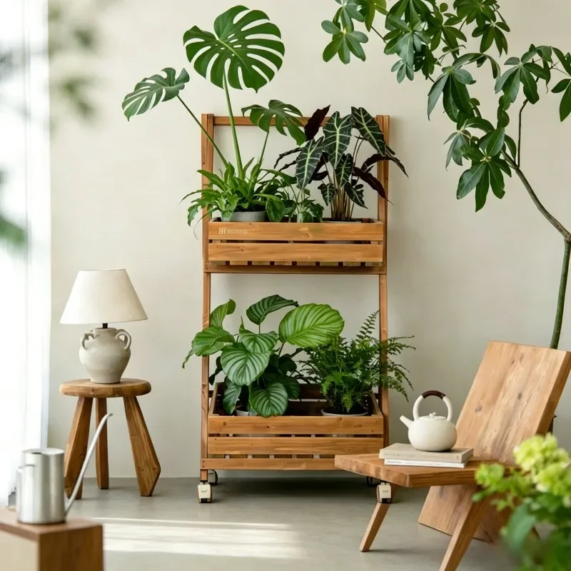 Rolling Wooden Plant Stand with Wheels, Mobile Flower Pot Holder with Slatted Planter Boxes, Plant Cart for Indoor & Outdoor U