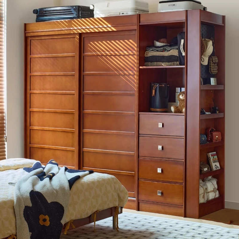 

Nordic solid wood wardrobe home small apartment sliding door storage bedroom retro multifunctional wardrobe storage
