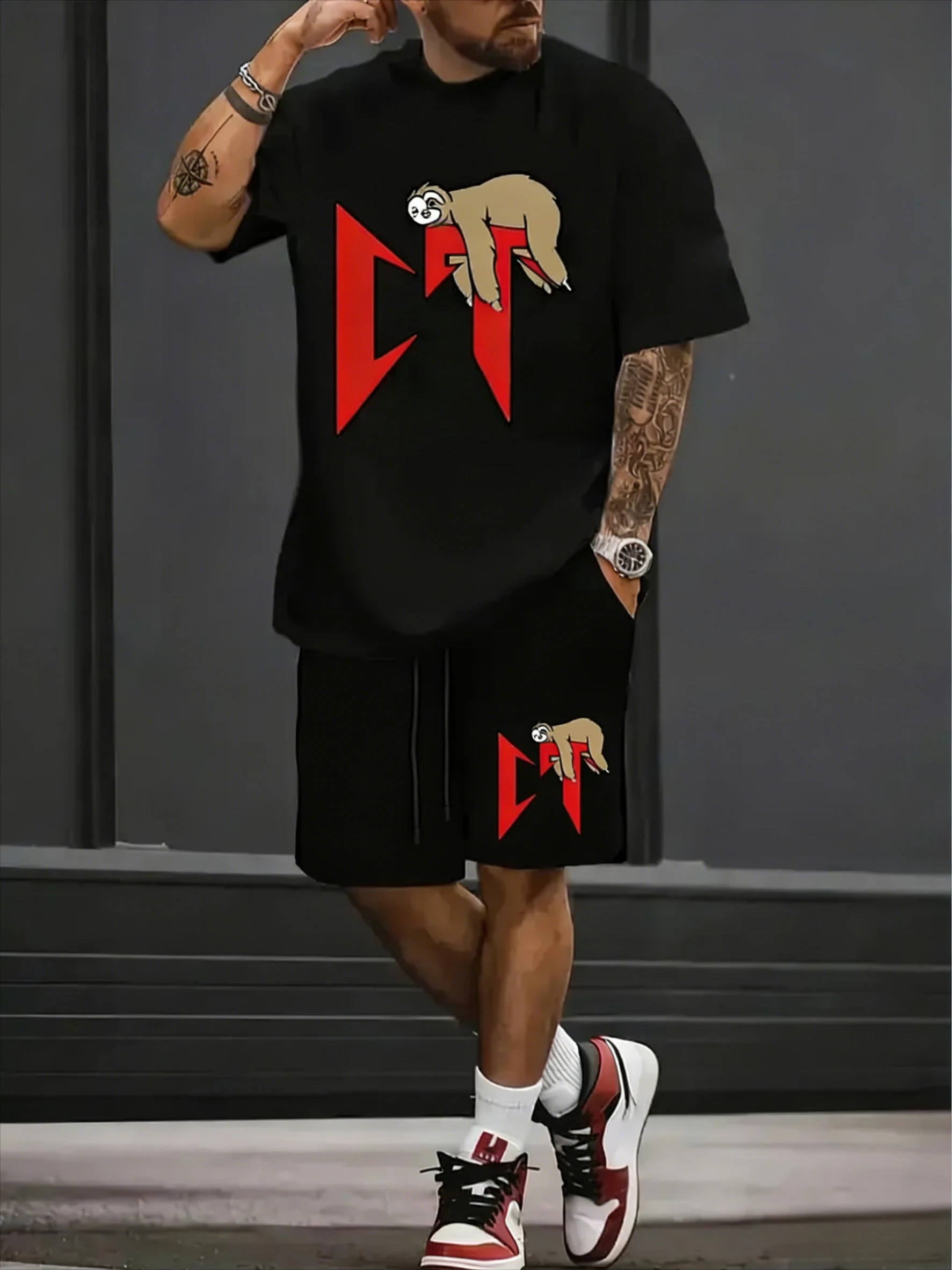 

2026Men's Basketball Silhouette Print Short Sleeve T-Shirt & Slim Fit Shorts 2 Piece Set Spring Summer Casual Sports Tracksuit