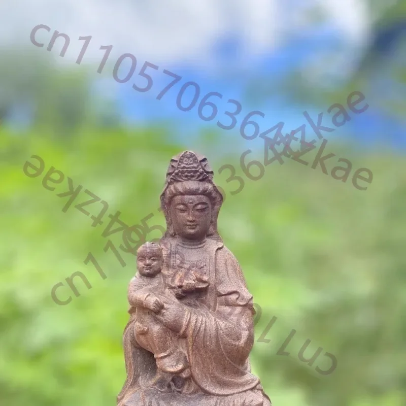 Hand Carved Wood Send Child Guanyin Statue Figurine - Fertility Blessing Kuan Yin Bodhisattva Ornament Home Temple Altar