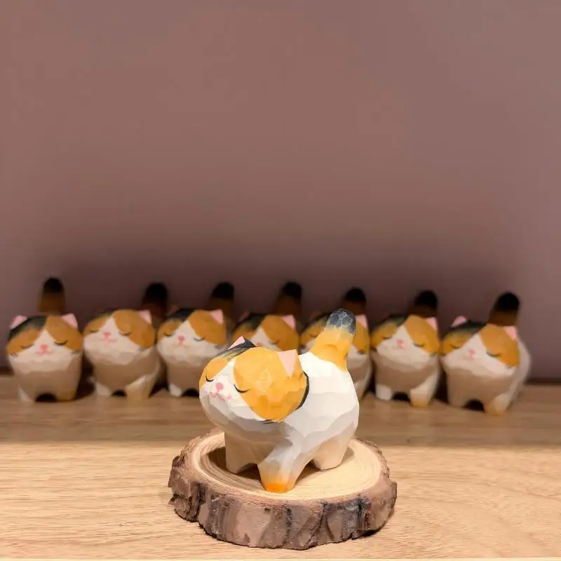 1Pcs Calico Cat Animal Figurines Handcraved Wooden Statue Desk Home Office Decor Gift For Cat Lovers