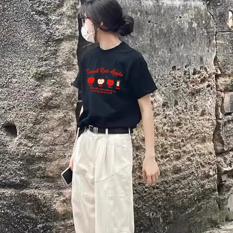 Slimming Effect American Retro Shoulder Print Short Sleeve Women's T-shirt Loose Fit Conceal Meat Summer Top Base Shirt
