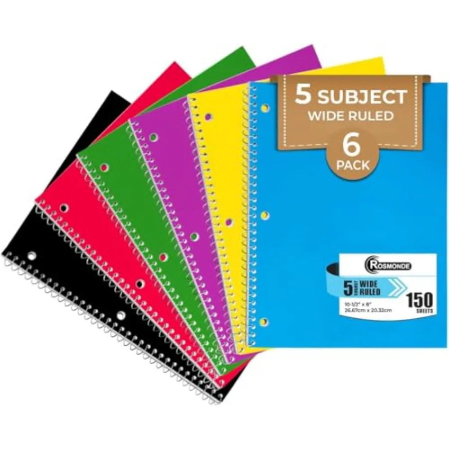 

Notebook Wide Ruled,,300 Pages 150 Sheets,8 x 10-1/2", Spiral Notebook with Dividers, Thick Paper Fights Ink Bleed, 3 Hole Punc