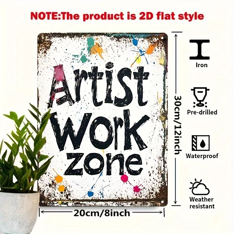2D Flat, Vintage Artist Workspace Metal Sign - Rustic Tin Wall Art with Weathered Typography & Colorful Paint Splatter Design, 2