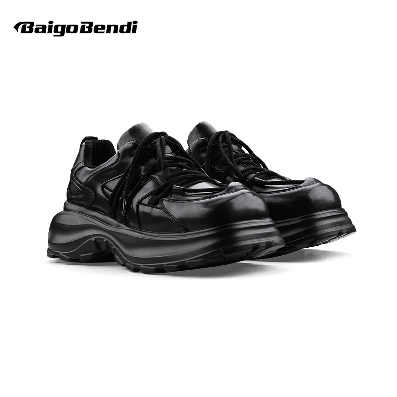 

Cool Boy Original Square Headed Chunky Platforms Young Men's All Black Thick Soles Personality Heightening Shoes