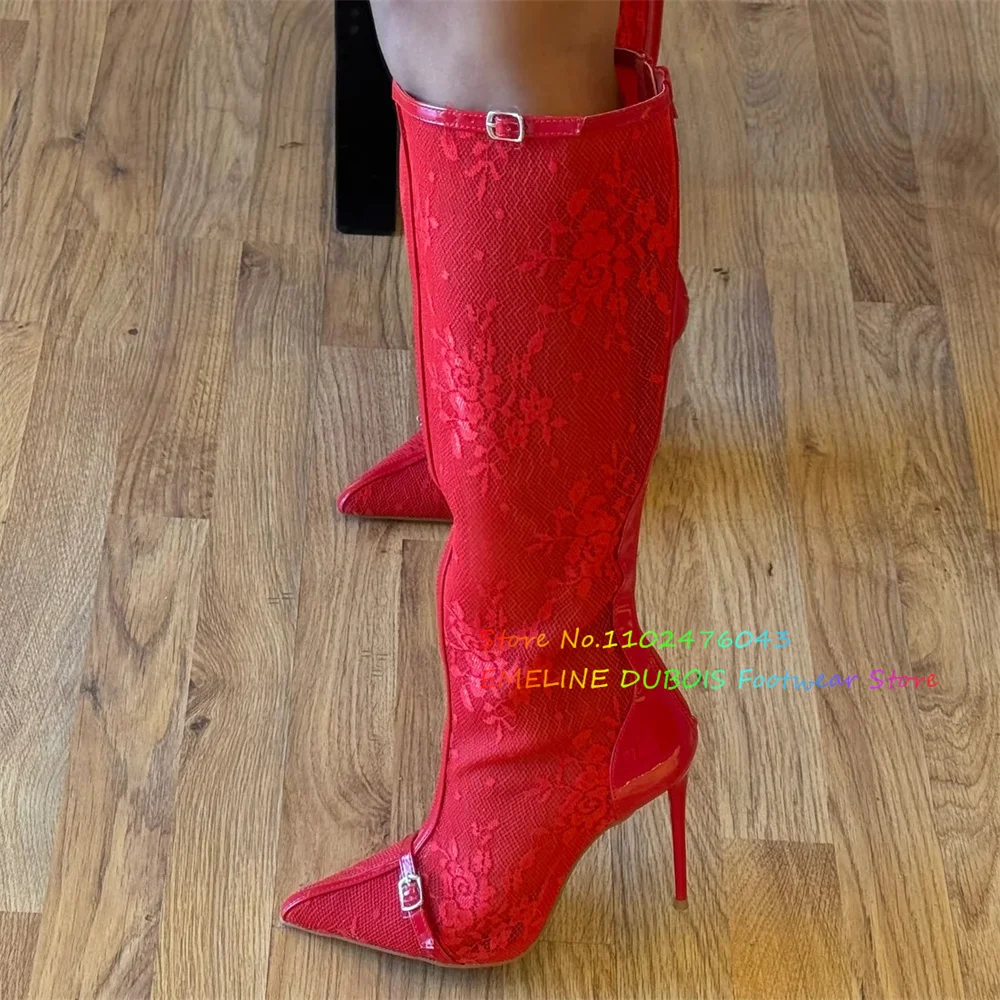 

Красные сетчатые сапоги до колена с цветочным принтом, женские пикантные сапоги до колена с острым носком на шпильке сзади, молния с пряжкой, декор, банкетное вечернее платье, ботинки