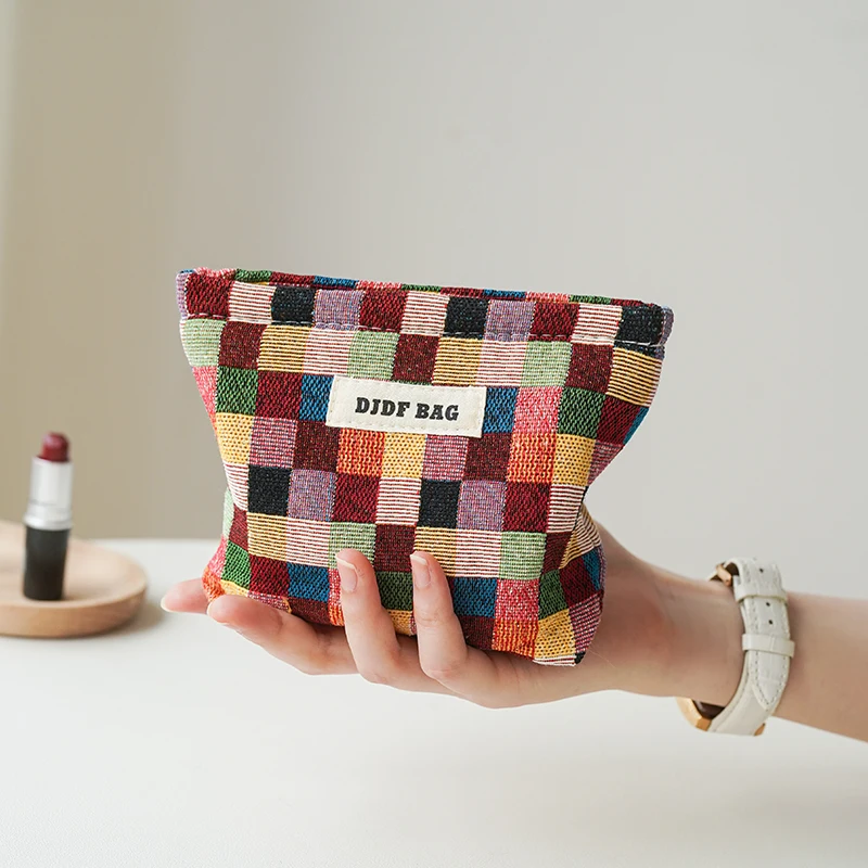 Double Layer Small Color Plaid Women\'s Makeup Bag Portable Coin Purse Key Case Cosmetic Lipstick Storage Bag Commuter Liner Bag