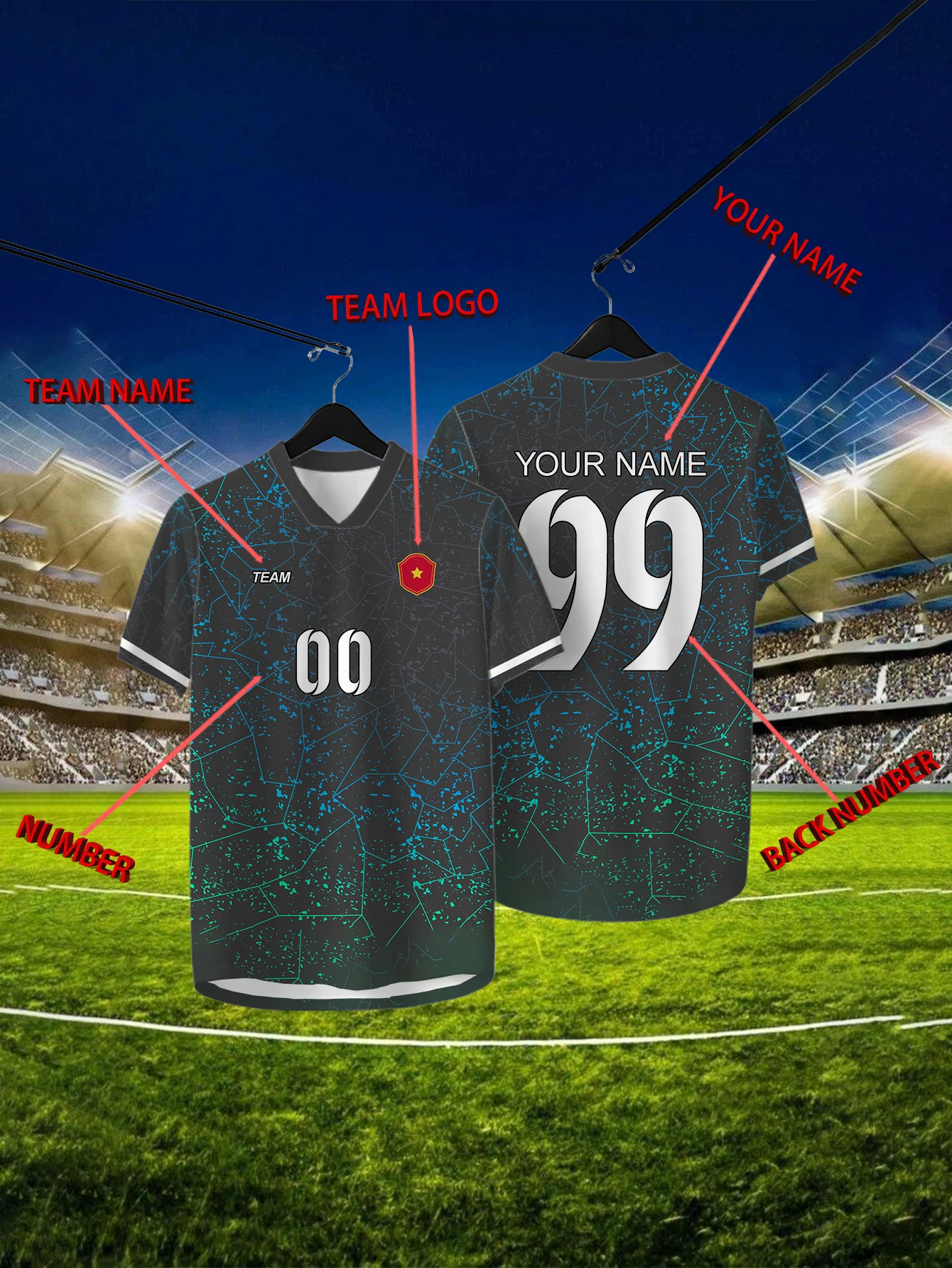 

Customized Geometric Black Short Sleeved Shirt with Team Name, Emblem, Name and Number, Outdoor Sports Short Sleeved T-shirt