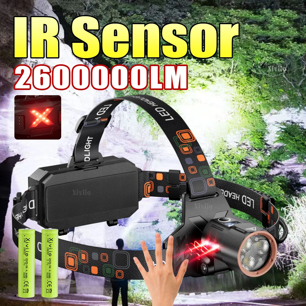 

2600000LM Мощный светодиодный налобный фонарь, перезаряжаемая фара 18650, налобный фонарик для рыбалки и охоты, налобный фонарь с красной сигнальной лампой