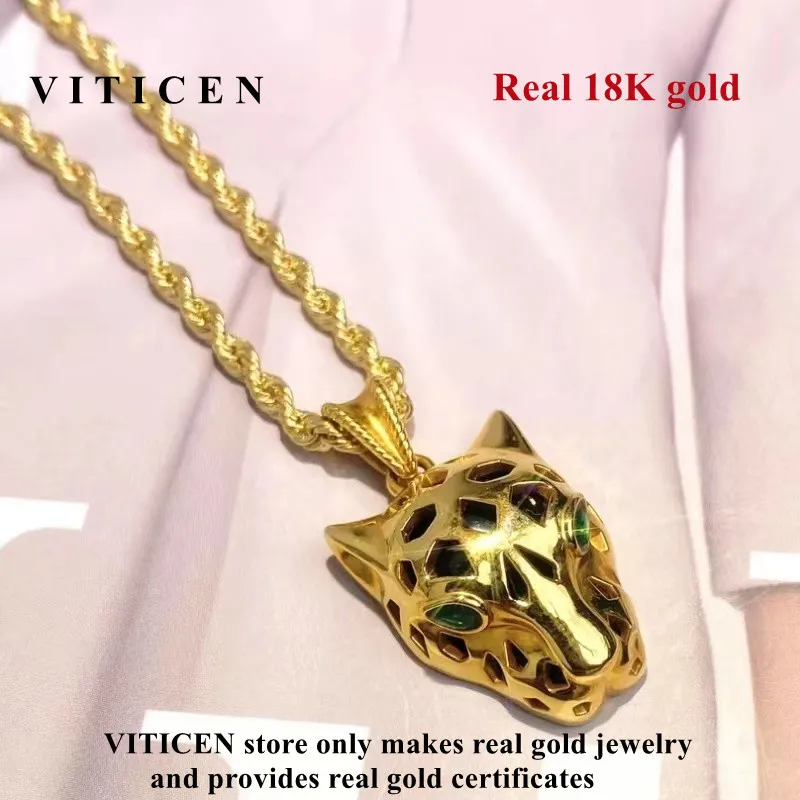 VITICEN Real Gold 18K Gold Women's Necklace Natural Black Agate Leopard Pendant Gift for Girls Fashion Original Jewelry AU750