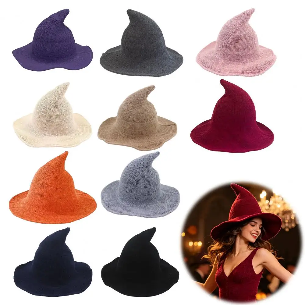 Women Pointed Witch Hat, Foldable Knitted Halloween Cosplay Hat for Autumn Winter, Themed Party Costume Accessory