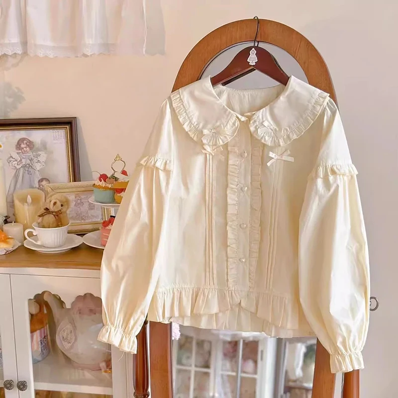 

MEXZT Japanese Lolita White Shirts Women Kawaii Cute Bow Peter Pan Collar Blouses Y2K Aesthetic Fashion Long Sleeve Design Tops