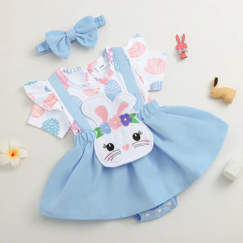 

RUEWEY 0 to 18 Months Baby Girls Easter Bodysuit Dress Summer Clothes Bunny Patch Egg Ruffled Short Sleeve Jumpsuit Headband