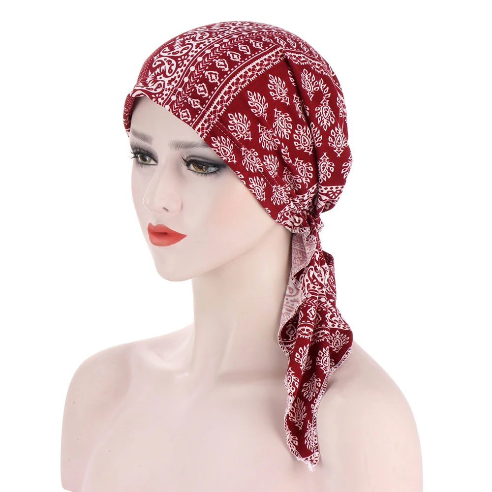 Hijab muçulmano pré-amarrado para mulheres, chapéu estampado com flores, turbante, tampa, perda de cabelo, lenço de cabeça, bandana, strech, câncer, quimioterapia, quimioterapia