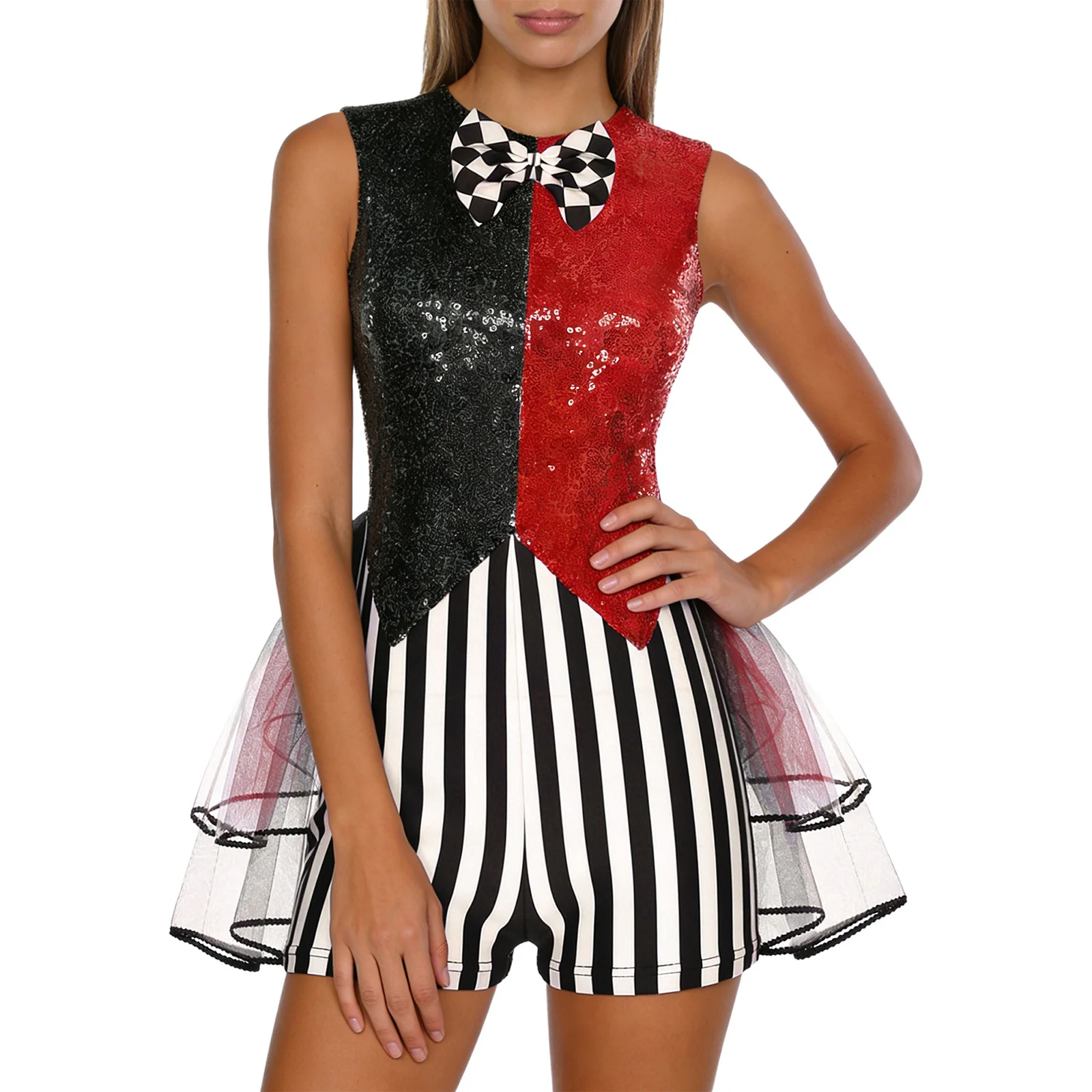 

Womens Circus Clown Mad Hat Cosplay Costume Jumpsuit Sequin And Striped Patchwork Checker Bowtie Tiered Tulle Hem Cutout Rompers