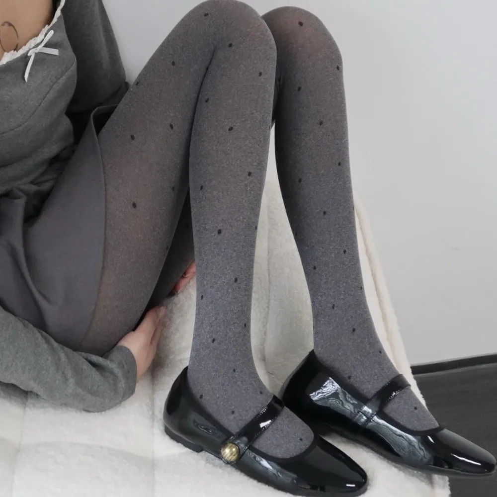 Grey Polka Dot Tights Elastic Good Stretch Women's Winter Leggings Slim Fit Polka Dot Heart Pattern Body Stockings