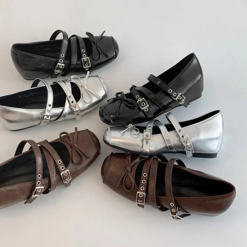Silver Retro Flat Bottom Mary Jane Shoes Women's New 2026 Summer Fashionable Match Skirts Versatile Slip-On round Toe Shoes