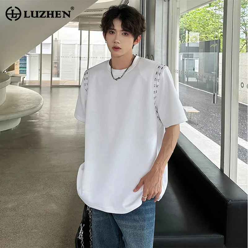 

LUZHEN Summer New Original Rivet Metal Decorate Short 2025 Sleeve T-shirts Men's Stylish Handsome Loose Shoulder Pad Tops JY2698