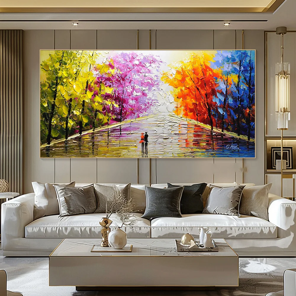 Abstract 3D Texture Colorful Tree Park Scenery Poster Print Romantic Couple Park Walk Canvas Painting Sofa Background Home Decor