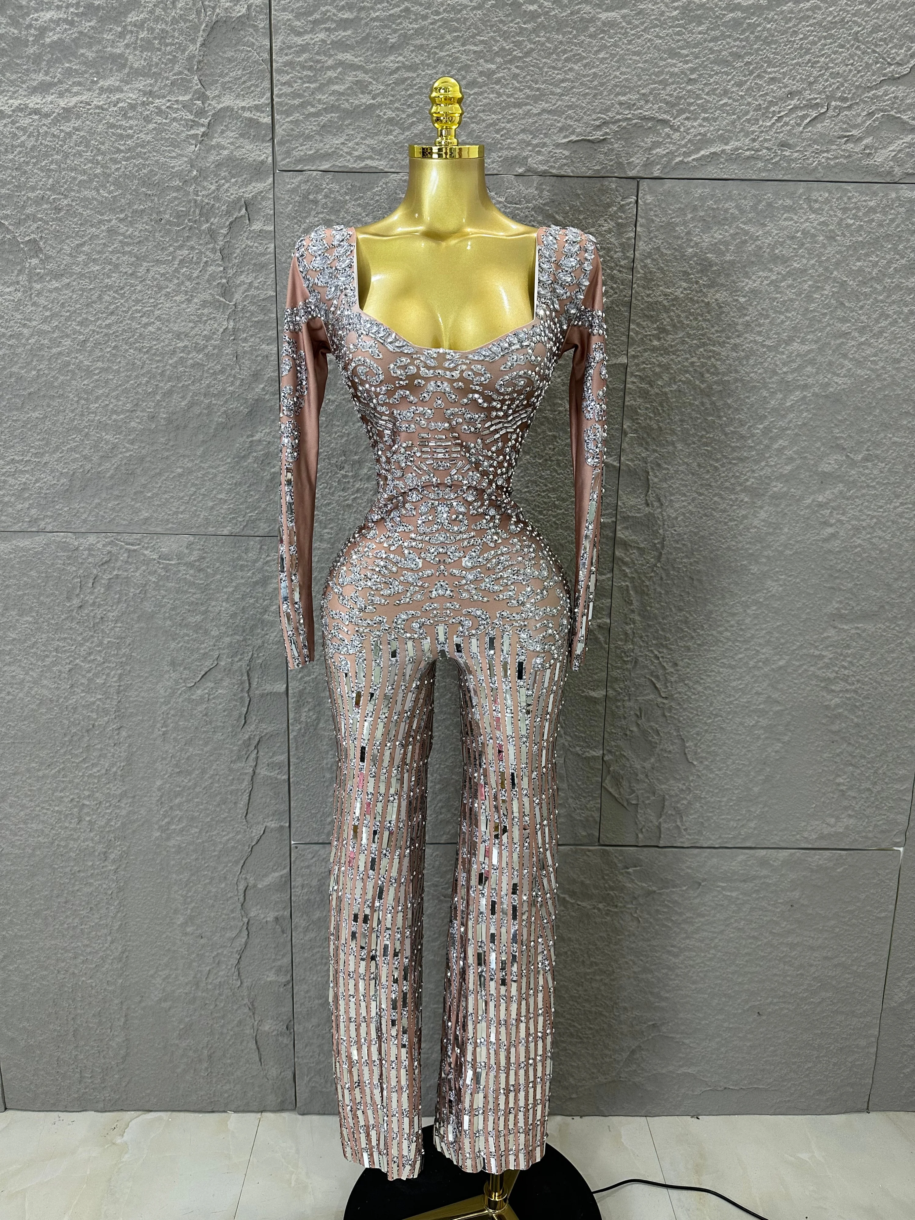 Silver Sheer Mesh Jumpsuit Women Sexy Sweetheart Neck Long Sleeve Full Crystal Skinny Outfit Stage Performance Costume