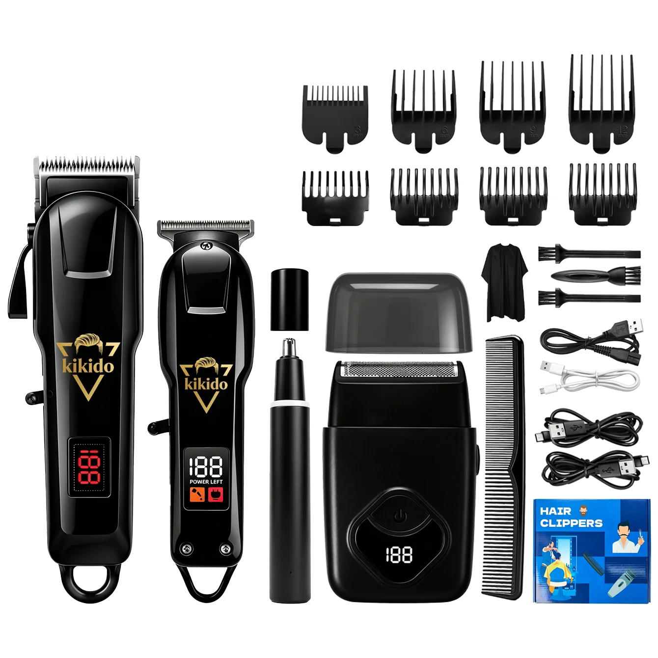 

KIKIDO Wireless Professional Hair Clippers & Trimmer Set with LCD Digital Display Foil Shaver Nose Ear Trimmer Barber Kit