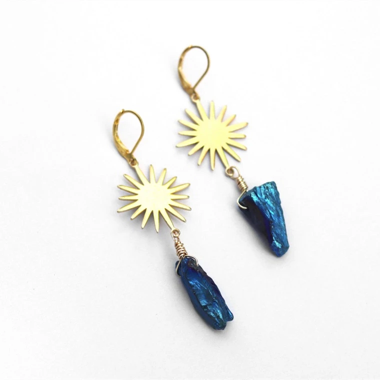 Fashion New Gold Colour Sun Earrings,Natural Irregular Blue Quartz Crystal Pendant, Boho Crystal Earrings