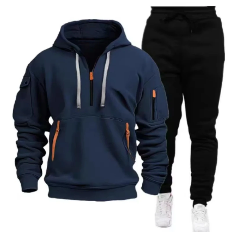 Heren vrijetijdssport trui multi-rits armzak hoodie set herfst/winter mode hoodie heren losse jas broek pak