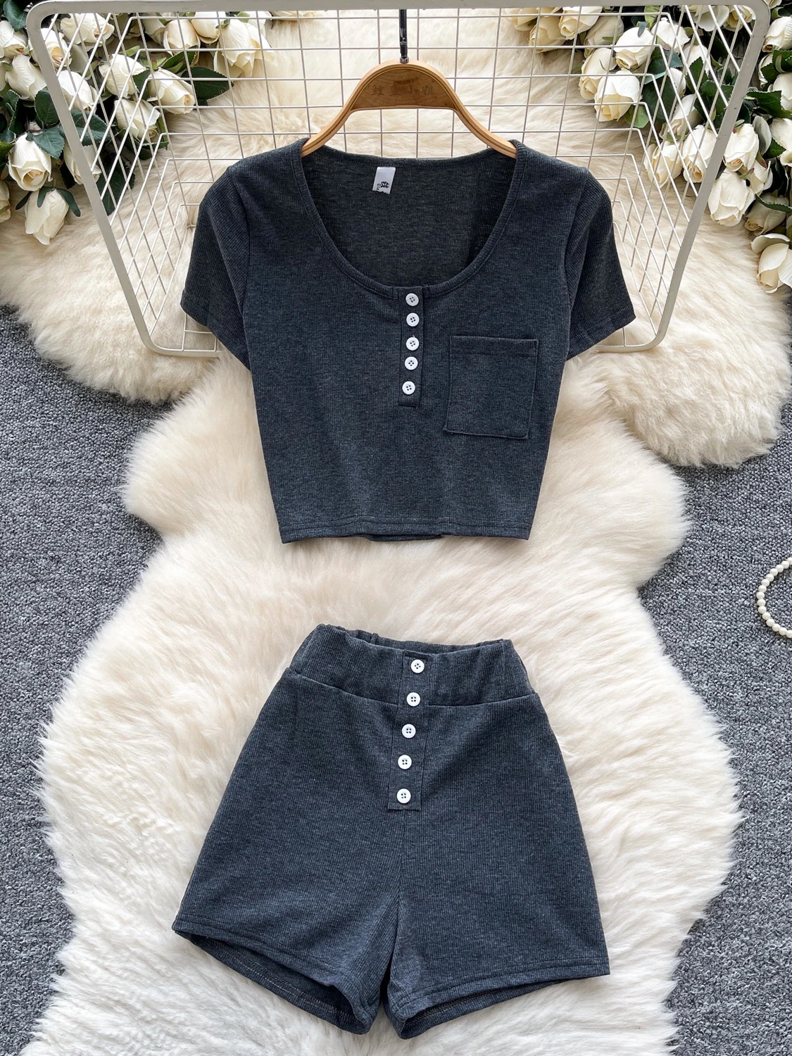 

Summer Casual Sportswear Set Women Pure Desirable Versatile round Ne ort Sve T-irt Top High Waist Wide Leg orts