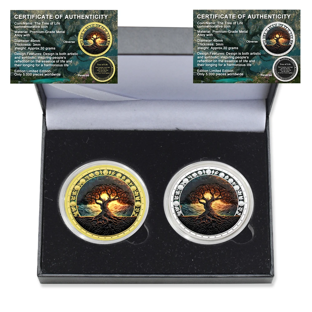 

2pc/Box New Tree of Life Commemorative Coin Zinc Alloy Metal Medal Challenge Coin with Certificate and Gift Box Collection
