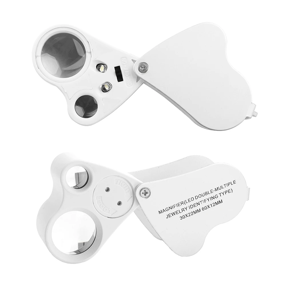 Foldable Jewelers Loupe 30X 60X Illuminated Magnifier With Bright LED Light For Gems Coins Stamps Precision Inspection Tool