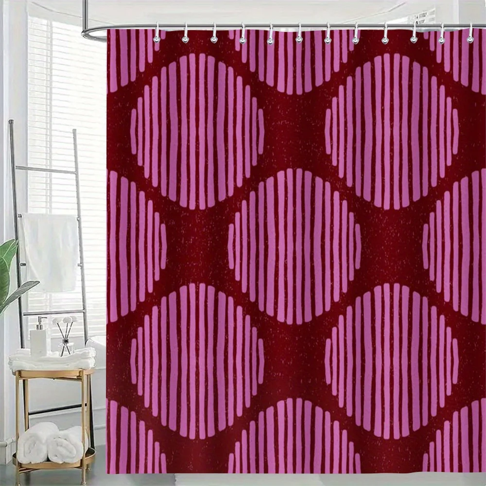 Duschvorhang Bauhaus Abstrakte Kreise Streifen Weinrot mit Rosa Textur, Wasserdichtes Polyester mit Ösen, Maschinenwaschbar