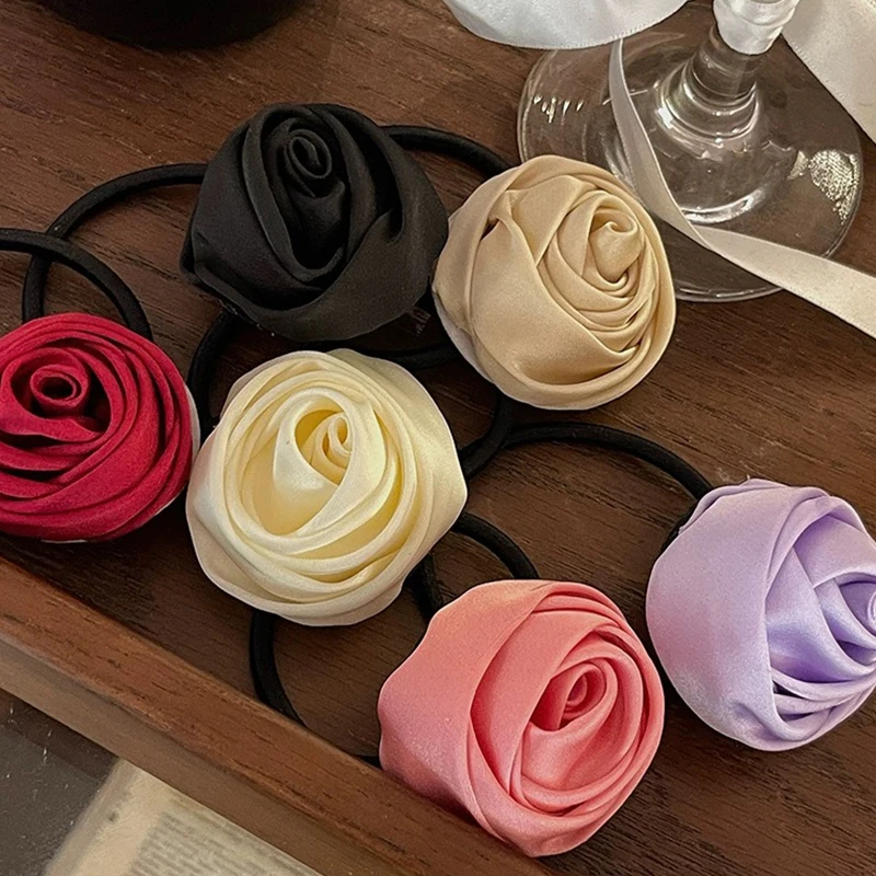 Korean Rose Elastic Hair Bands For Women Girls Accessories Tie Hair Ring Rope Headdress Scrunchies Big Flower Satin Rubber Bands