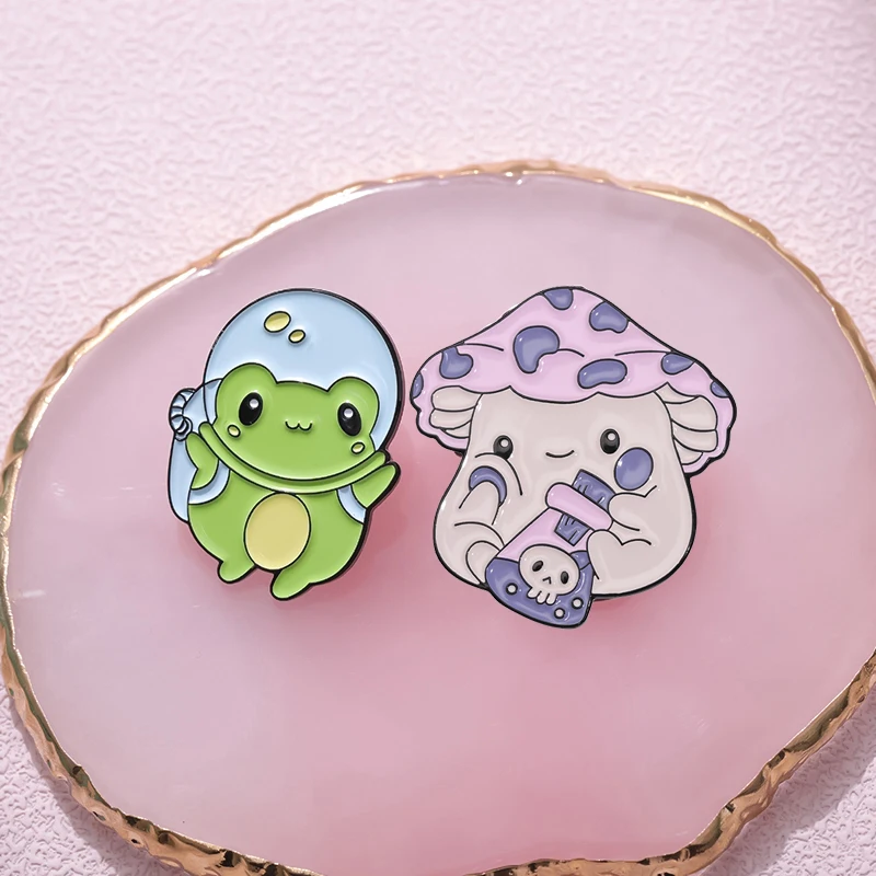 Cartoon Space Frog Planet Rocket Enamel Pin Cute Mushroom Salamander Decor Brooches Accessory Clothes Lapel Badge Jewelry Gift