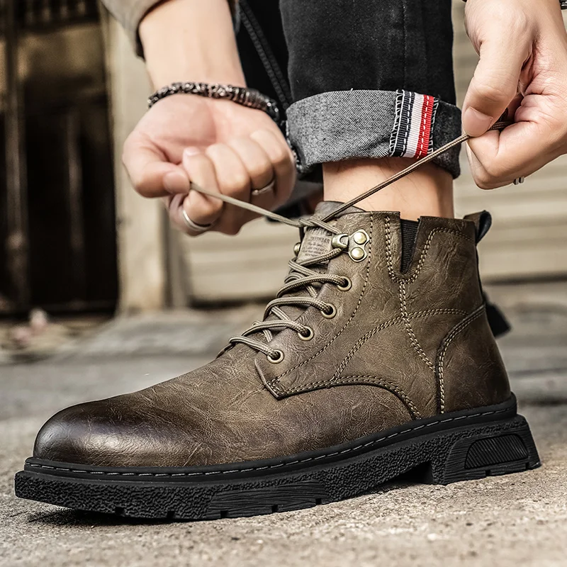 

High top boots for men, British style workwear motorcycle boots, summer black side zipper, mid rise soft leather boots for men