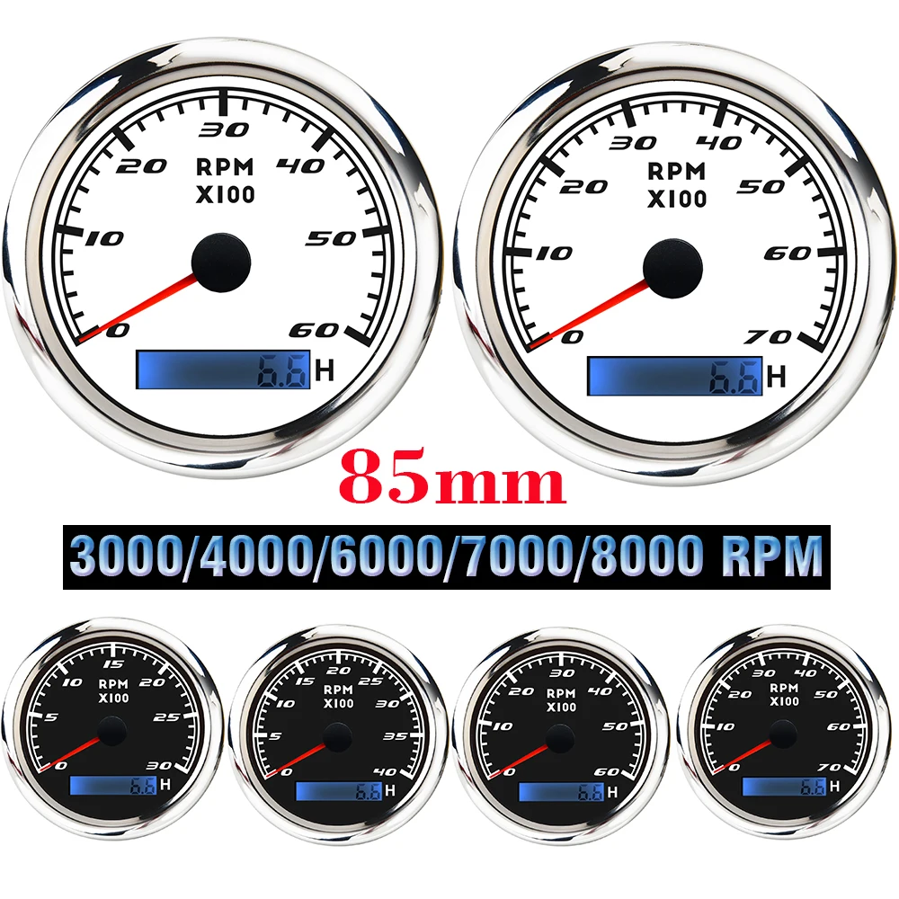 85mm Universal Car Tachometer 3000 4000 6000 7000 8000RPM Marine Tacho Meter with Rev Hourmeter Engine Tach Signal Sensor Custom