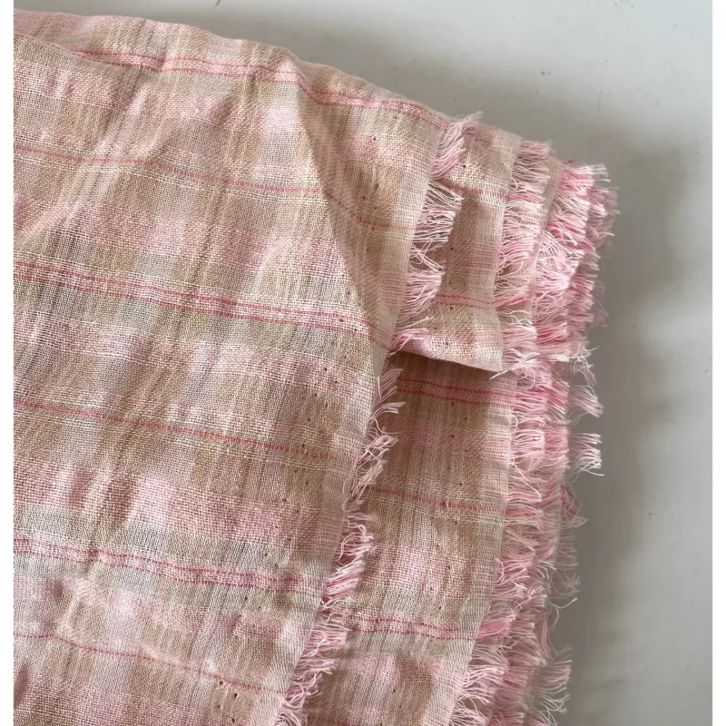 

DIY lightly tinted pink woven striped checkered cotton fabric for blouse dress material handmade fabric