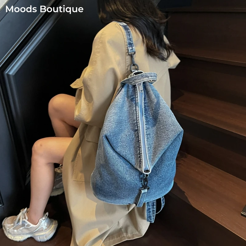 

Personalized Design Fashion Backpacks For Women Washed Denim Fabric Big Capacity Shoulder Bucket Bag Quality Travelling Rucksack