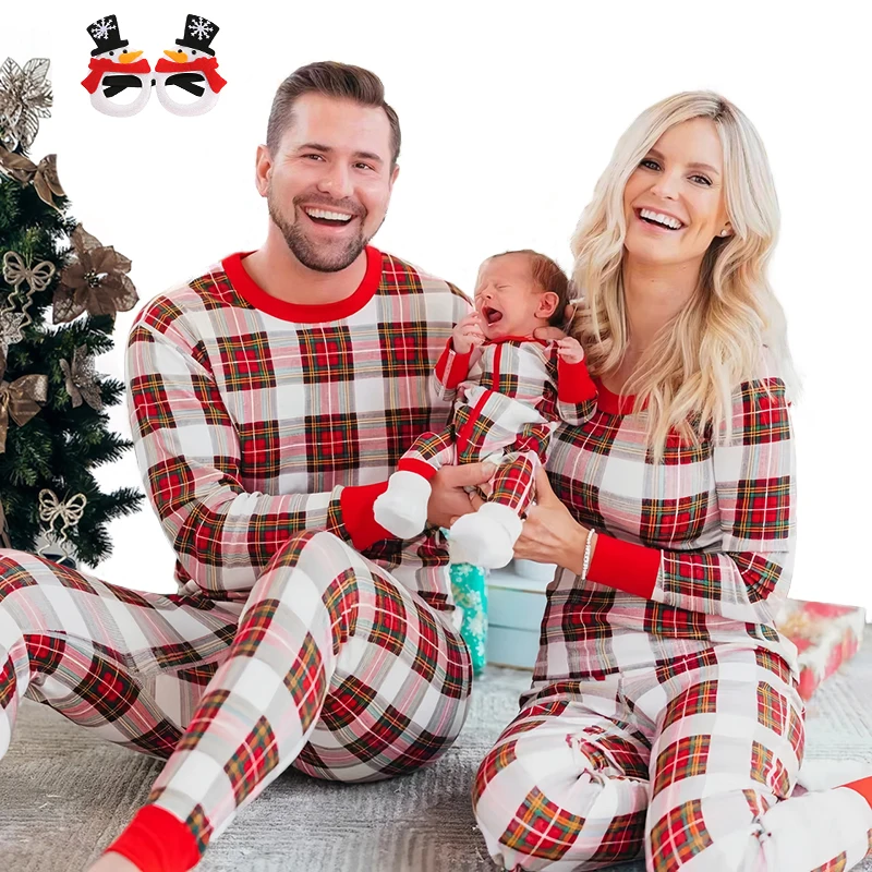 Fashion Plaid Print Christmas Family Matching Pajamas Set Parents Sibling Couple Casual Home Women Men Boy Girl Baby Loungewear