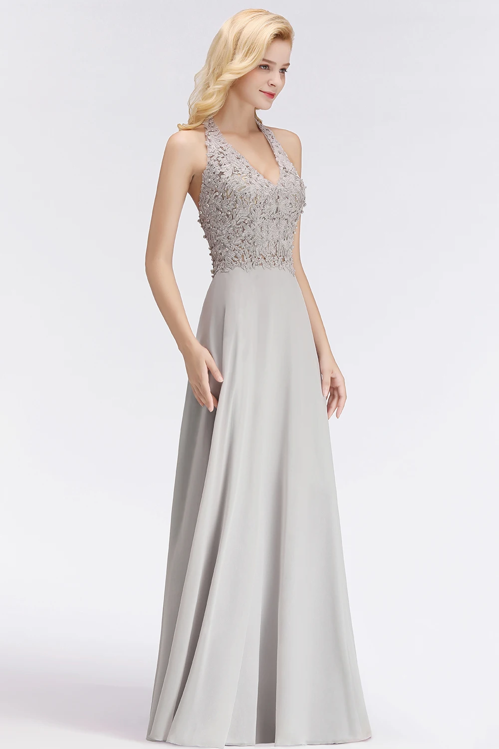 BABYONLINE Halter Neckline Lace Pearls Bodice Prom Dresses Long Sexy Open Back Chiffon Formal Prom Gowns Vestido De Gala Jurken