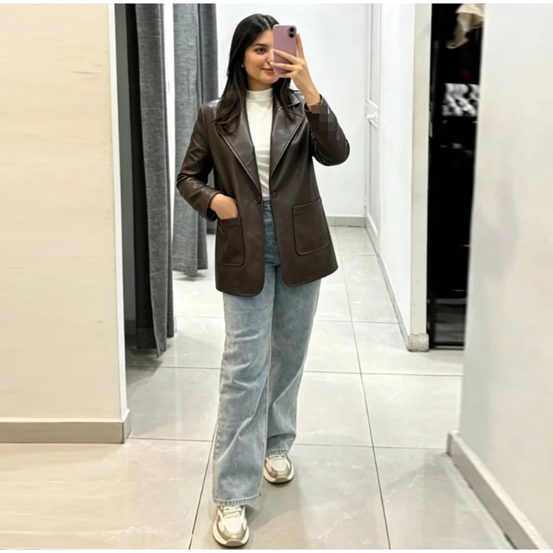 2026 Autumn Faux Leather Blazer Jacket Lapel Collar Single Breasted Big Patch Pockets Loose Vintage Minimalist Outerwear Coat