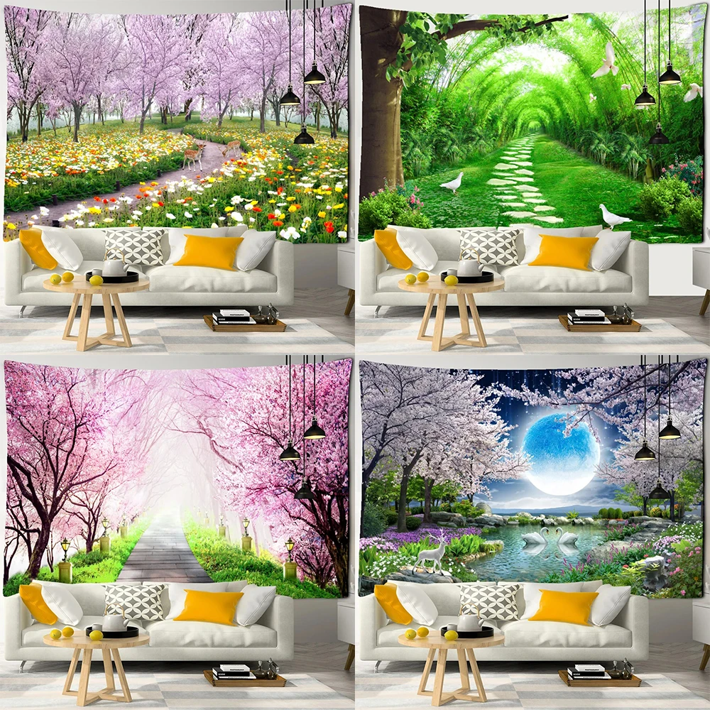 Sea Moon Cherry Blossom Forest Trail Wall Hanging Tapestry Home Decoration Living Room Bedroom Wall Background Hanging Cloth