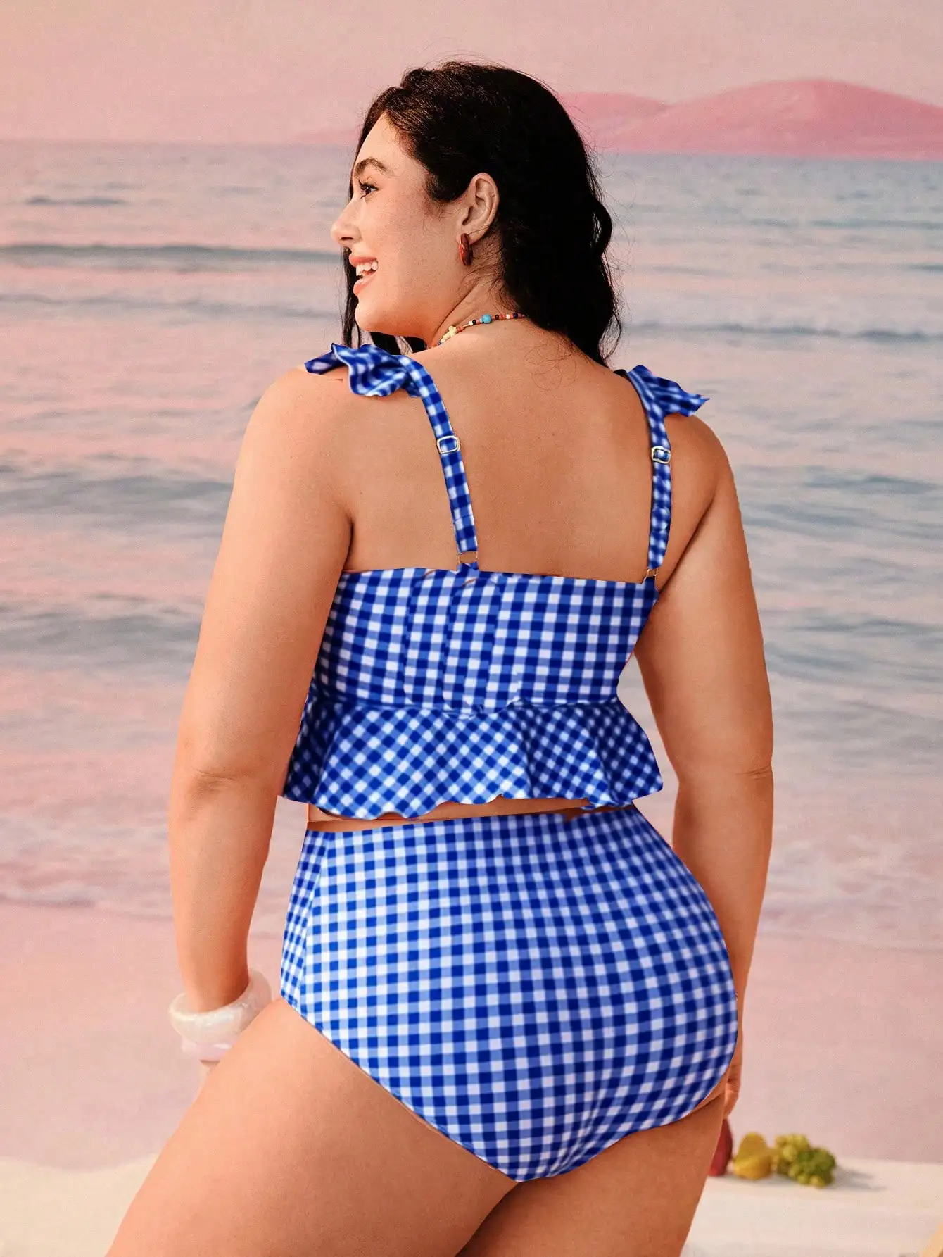 Plus Size Women Blue Gingham Ruffle Bow Tankini Swimsuit Set