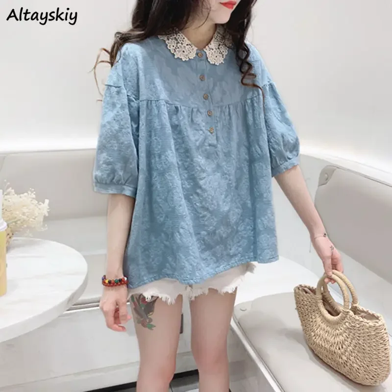 Sweet Blouse Women Summer Lantern Sleeve Maiden Peter Pan Collar Elegant Korean Style Vintage College Trendy Party Girls New