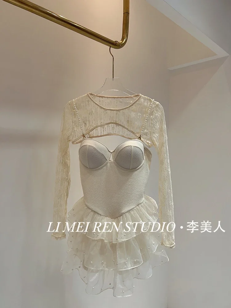New Heavy Industry Handmade Nail Bead Temperament Mesh Lace Skirt Style  swimsuit