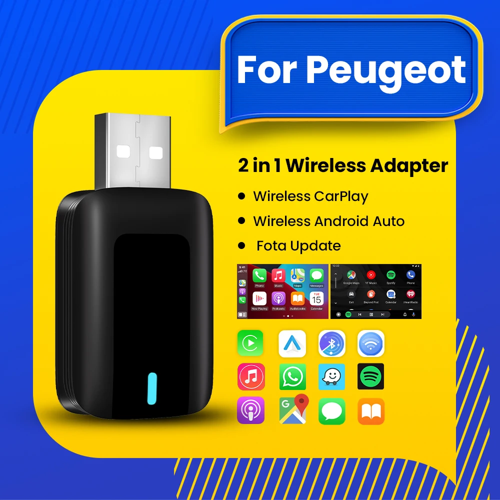 NEW 2in1 Wireless CarPlay Android Auto Adapter Smart Dongle Plug And Play For Peugeot 208 2008 308S 301 308 SW Expert Traveller