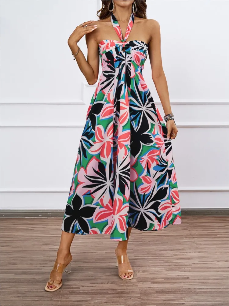 

Summer Women's Clothing New Fashion Vacation Floral Print Sexy Hollow Lace Hanging Neck Big Swing Dress