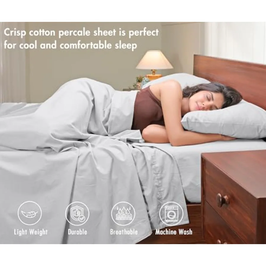 100% Cotton Percale Sheets Crisp Cooling Summer Bed Sheets for Hot Sleepers, Deep Pocket 12