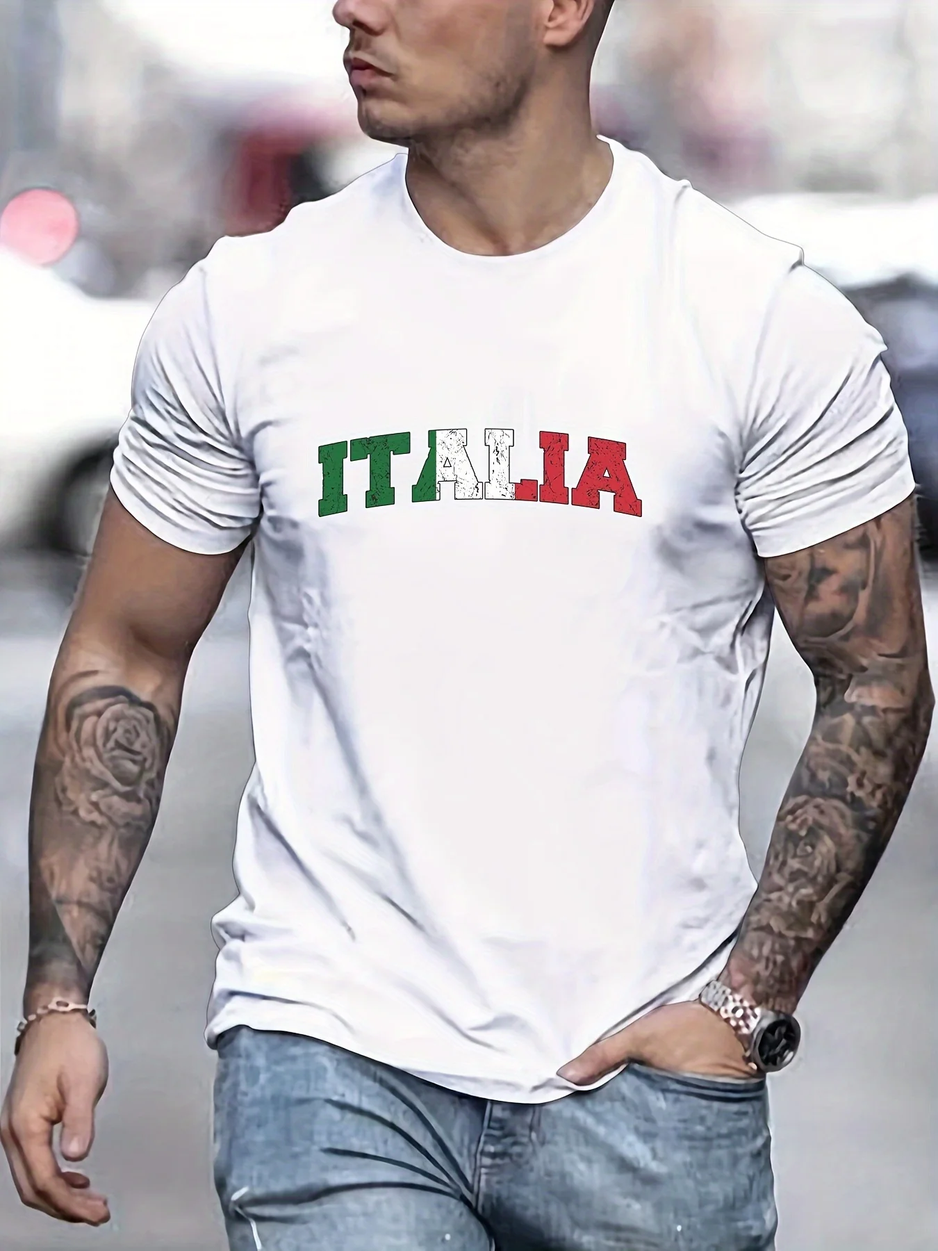 Men\'s Summer 100% Cotton Italia Comfortable Breathable Casual Fashion Print Loose Large Casual Round Neck Short Sleeve T-shirt