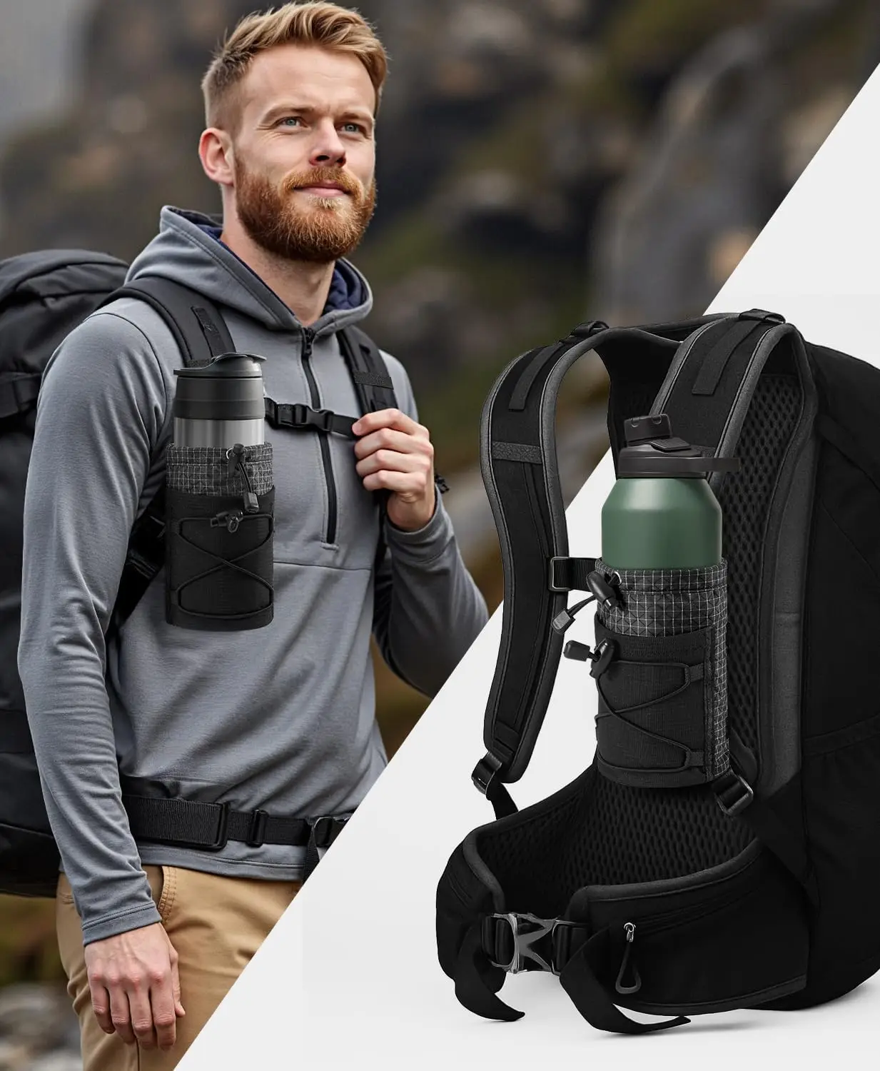 Image 5: Pochette porte-bouteille d'eau avec boucle à crochet, porte-bouteille d'eau pour sac à dos, support de sac en maille adapté aux bouteilles de 8 à 32 oz pour la randonnée, Ru